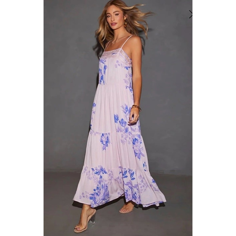 VICI Pink Purple Floral Lace Trim Tiered Maxi Tropical Vacation Dress Small